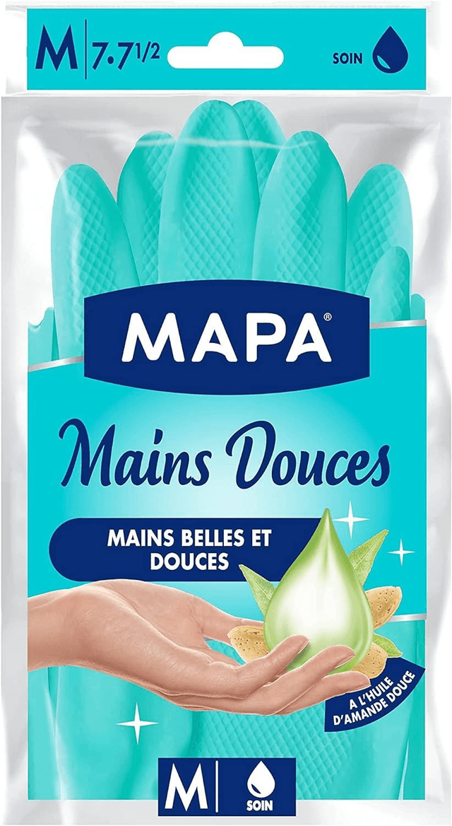 MAPA - Mains Douces - Gants de Ménage en Latex - Intérieur Fibres de Coton enrichi Huile d&#039;Amande Douce - Mains Belles et Douces - Taille M